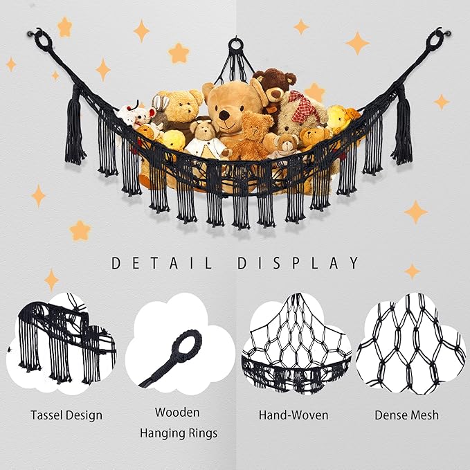 CERETIA Stuffed Animal Hammock with LED Light, Large Stuffed Animals Storage Corner Plushie Net for Kids Room Decor, Jumbo Black