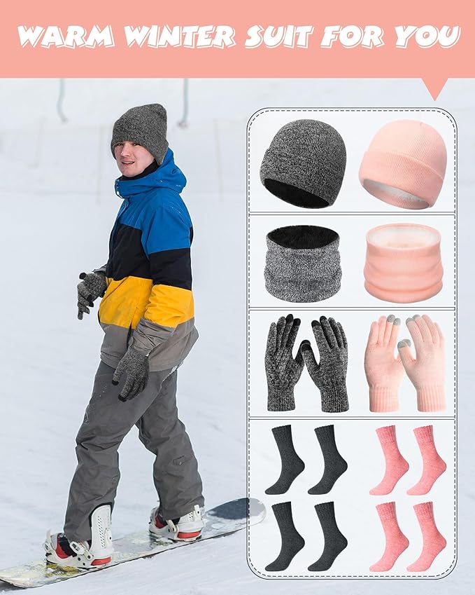 10 Pieces Winter Hat Beanie Scarf Touch Screen Gloves and Sock Set Slouchy Knit Skull Cap Beanies Fleece Lining Neck Warmer