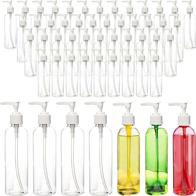 52 Pcs Empty Plastic Pump Bottle 8 oz/ 250 ml Clear Lotion Pump Dispenser Refillable Shampoo Containers Bulk with Travel Lock for Body Wash Liquid Soap Massage Oil Face Cream Conditioner