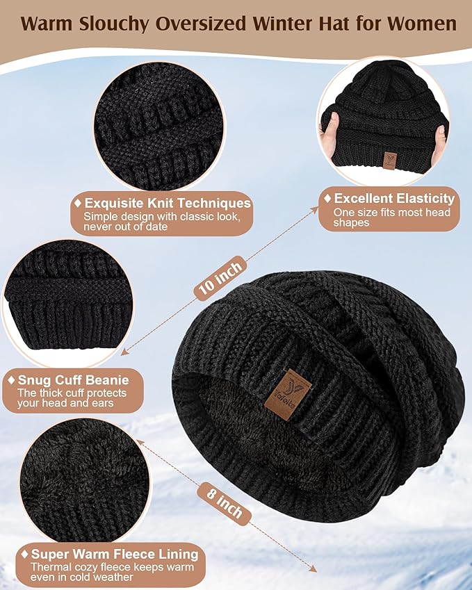 Women Beanie Scarf Gloves Headband Set, Winter Fleece Lined Hat Ear Warmer Knit Scarf Women Gloves Gift Set 4 in 1