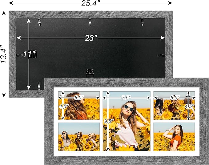 11x23 Picture Frame Display 5 opening 5x7 and 8x10 Picture Frame Collage,Multi Photo Frame with Mat,Plexiglass,Horizontal and Vertical Formats for Wall Decor,Grey Wood Grain