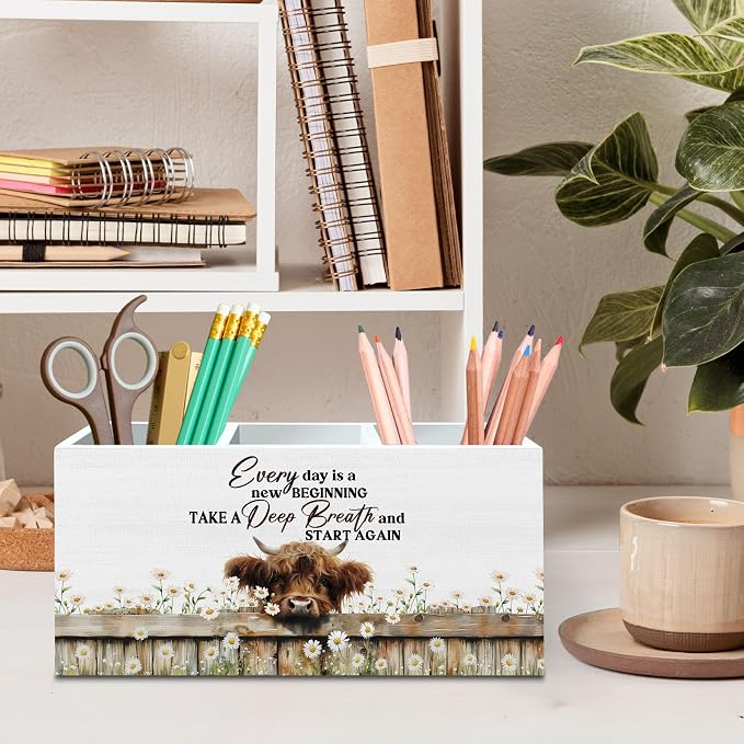 DILSJ Inspirational Highland Cow Pen Pencil Holder Organizer for Desk, Highland Cow Gifts for Women, Every Day Is a New Beginning Wooden Box Signs for Home Office Decoration Office & School Supplies