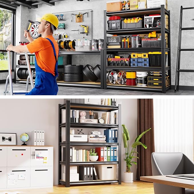 2Pack Storage Shelves, 2500lbs Garage Shelving,Adjustable Heavy Duty Shelving Unit,5T Tall Garage Shelves，Wood Metal Standing Shelf Units,Utility Rack for Kitchen 71.2''H*31.5''W*13.8''D
