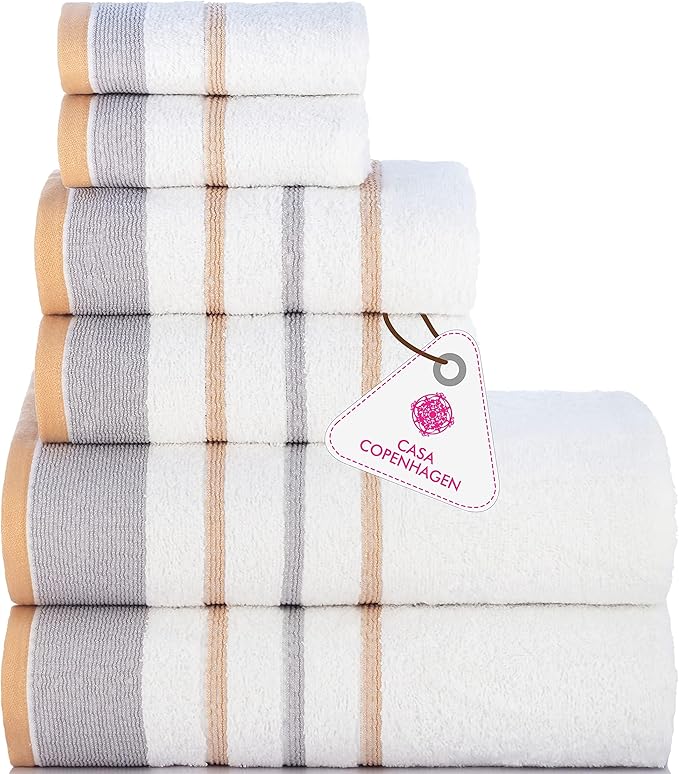 CASA COPENHAGEN White Bay, 6 Pieces Towel Set- White with Beige and Grey Violet Border, 600 GSM, 2Bath, 2Hand, 2Washcloths Egyptian Cotton Towel for Hotel Spa Kitchen Bathroom Kitchen & Shower