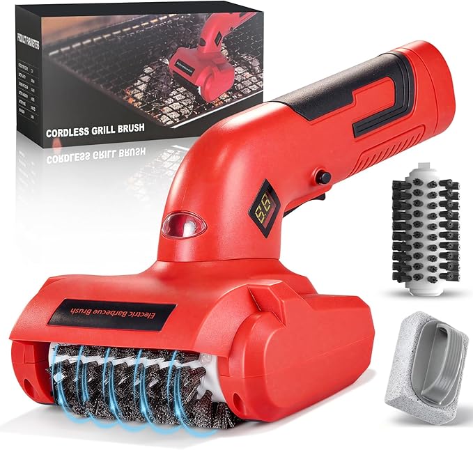 Upgraded Electric Grill Brush, Cordless Rechargeable BBQ Grill Cleaner with 2 Stainless Steel Head, 1 Cleaning Stone, IPX3 Waterproof, Safety Lock & LED Light for Outdoor Grill Grates
