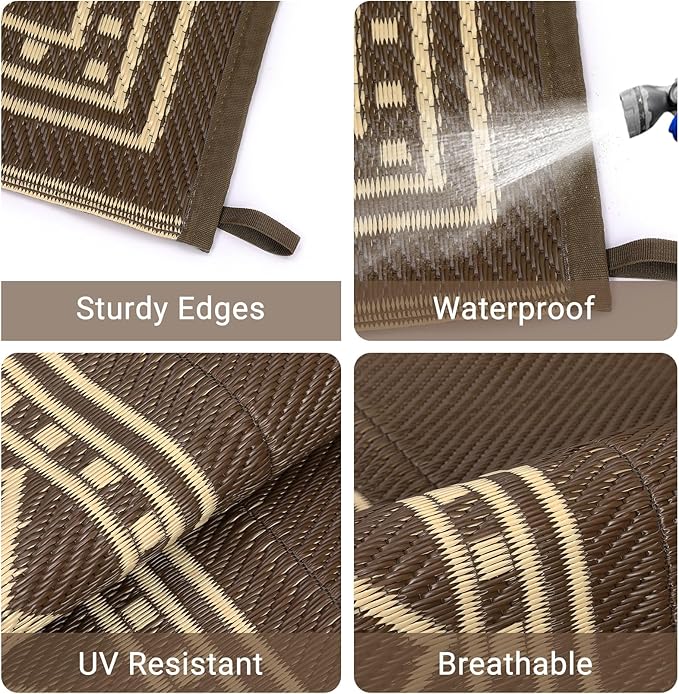 9x18 Large Outdoor Rug,Modern Bordered Plastic Straw Carpet,Waterproof Lightweight Outdoor Carpet,Easy Cleaning Folding Uv Resistant Picnic Camping Mat,Brown/Coffee