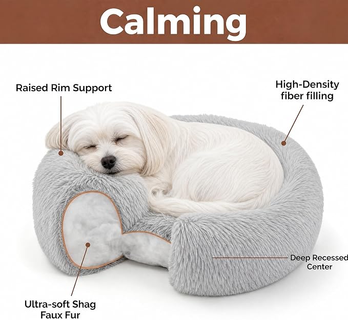 Calming Donut Small Dog Bed for Chihuahua Yorkie Maltese Shih Tzu | 19 Inch Washable Puppy Bed,Ultra Soft Faux Fur Round Dog Bed,Grey