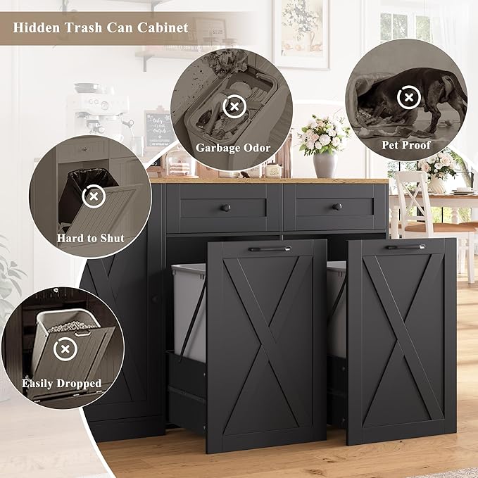 HOSTACK 12.5 Gallon Kitchen Trash Cabinet, 47" Double Trash Can Cabinet, Large Pull Out Can Storage Drawers, Wood Farmhouse Hidden Garbage Storage Buffet for Kitchen, Dining Room, Black