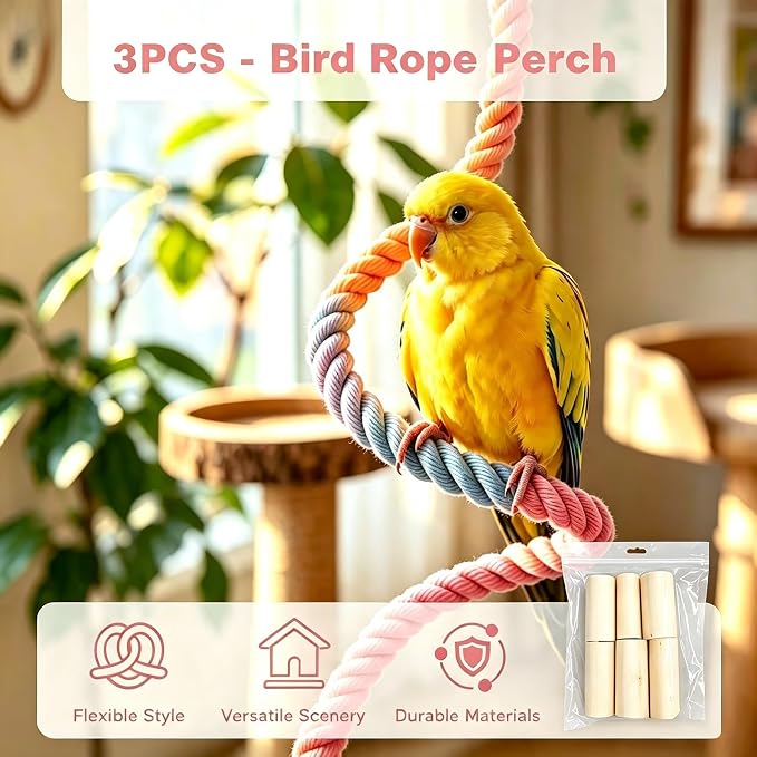 Bendable Parrot Rope Perch with Wood Chew for Parakeet Cockatiel | Soft twisted cotton rope, natural wood chew blocks, bendable design, beak trimming, fits standard wire bird cages