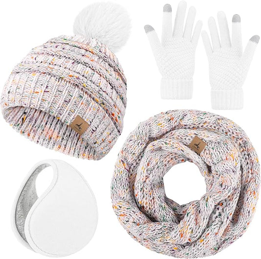 Winter Hat Scarf Gloves and Ear Warmer, Warm Knit Beanie Hat Touch Screen Gloves Set Winter Gifts Neck Scarves for Women