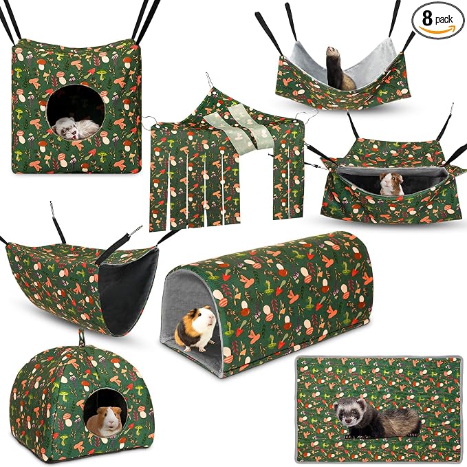 Geelin 8 in 1 Rat Hammock Ferret Hammock Guinea Pig House Hideout Ferret Cave Beds Washable Chinchilla Hamster Cage Accessories Bed Toys for Summer Small Animals Pet Bunny Squirrel