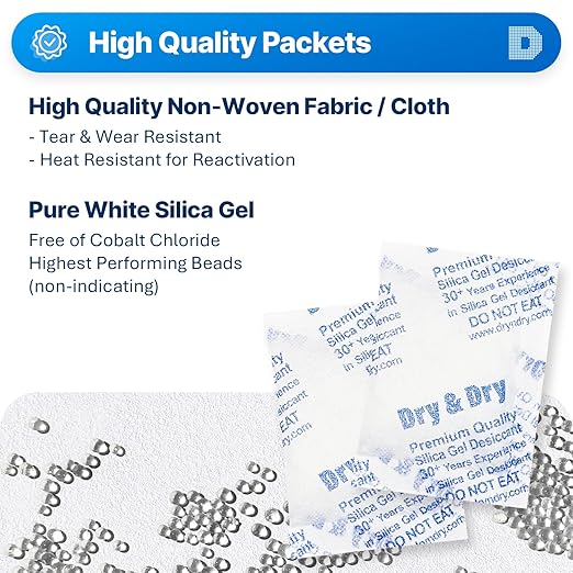 Dry & Dry 20 Gram Silica Gel Packets - 800 Rechargeable Fabric Silica Packs, Desiccant Packs for Storage