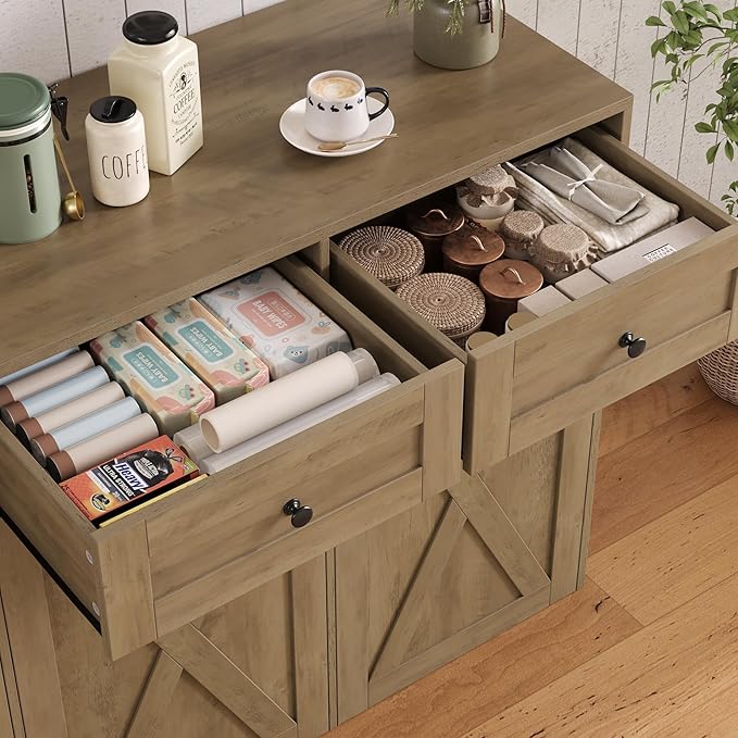 HOSTACK 12.5 Gallon Kitchen Trash Cabinet, 47" Double Trash Can Cabinet, Large Pull Out Can Storage Drawers, Wood Farmhouse Hidden Garbage Storage Buffet for Kitchen, Dining Room, Rustic Brown