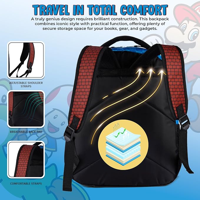 AI ACCESSORY INNOVATIONS Super Mario Brothers Backpack for Boys & Girls, 16 Inch Gaming Bookbag with Molded Toad Dangle, Blue, Featuring Mario, Luigi, Yoshi & Toad