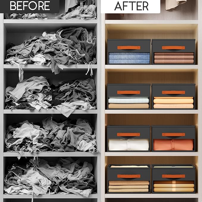 Drawer Organizers and Storage - 12 Pack Foldable Pants Organizer with Clear Window & Handles, Fabric Closet Organizer for Clothes, Jeans, Sweaters, Towels, T-shirt, Scarf (Black)
