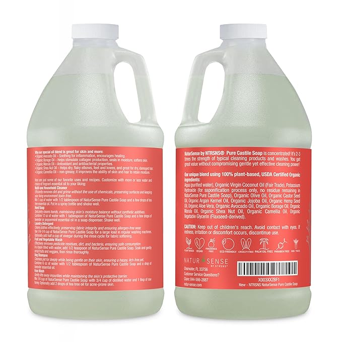 NaturSense Pure Castile Soap. Unscented, made with 100% Certified Organic Oils, Gentle Personal & Baby Wash, Safe & Effective Household Cleaning 64 Fl Oz/Half-Gallon (Pack of 1)