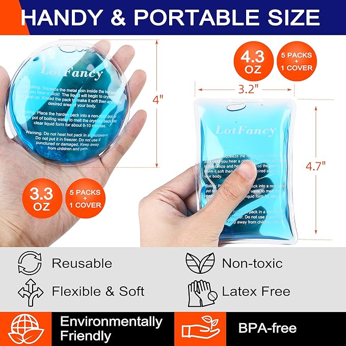 LotFancy Reusable Hand Warmer, 10 Click Activated Instant Heat Packs and 2 Wraps, Snap Hot Therapy Compress, Gel Heating Pad for Pain Relief, Outdoor & Portable Size