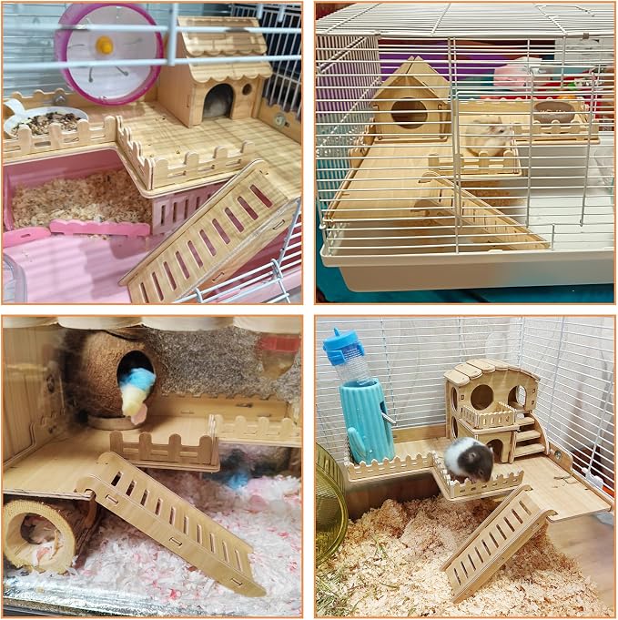Fhiny Wooden Platform for Cage, Hanging Gerbil Climbing Platform with Ladder & Fence - Hamster Activity Playground Habitat Decor Cage Accessories for Dwarf Hamster, Gerbil, Mice, Rat, Mouse