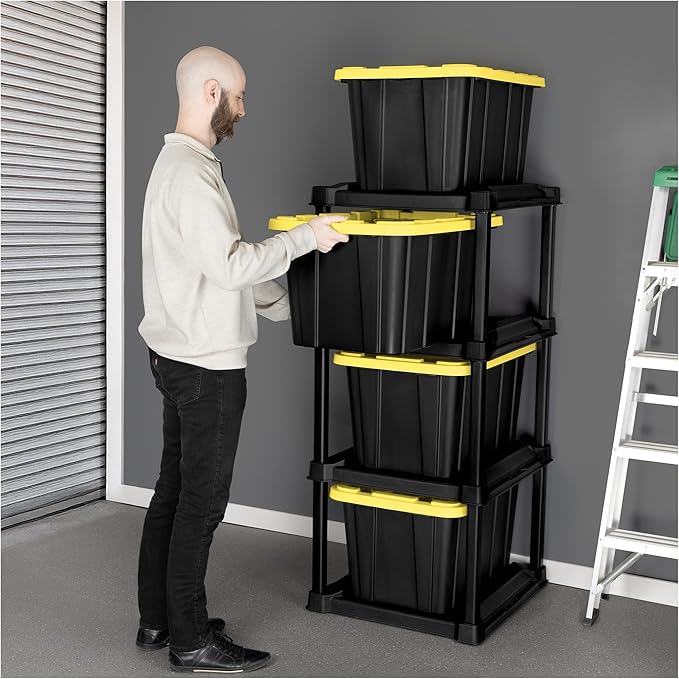 Sterilite 4 Tier Tote Rack, Vertical Plastic Organizer with 4 Pack 27 Gallon Industrial Storage Totes, Clear - for Garages, Workshops, or Basements