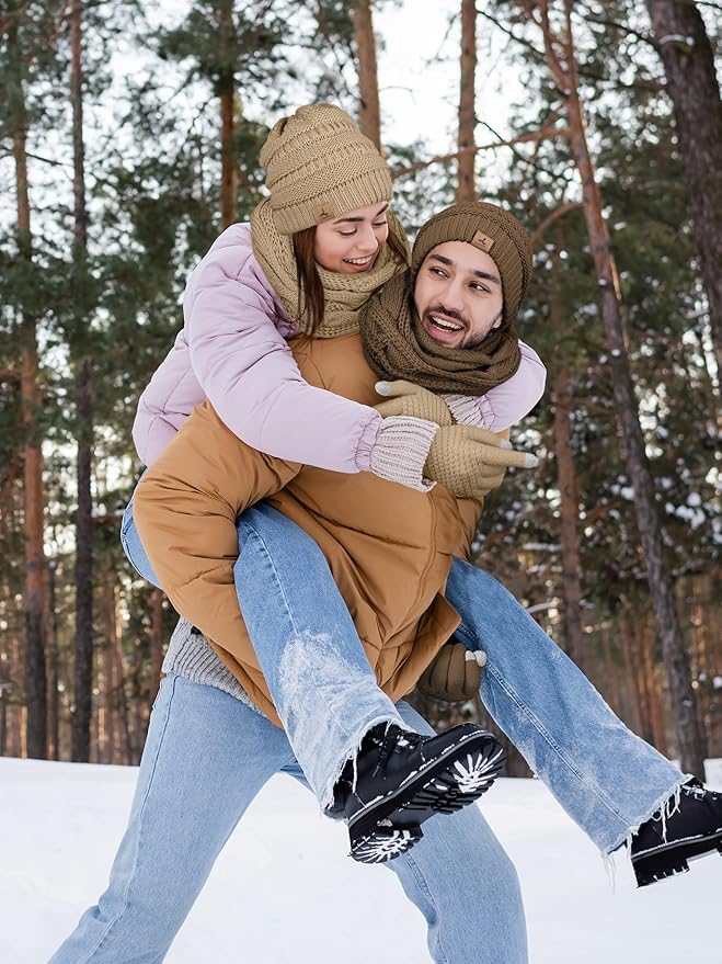 Winter Beanie Hat Scarf Gloves, Warm Fleece Knit Hats Touch Screen Gloves Neck Scarf Set Winter Gifts for Unisex Adult