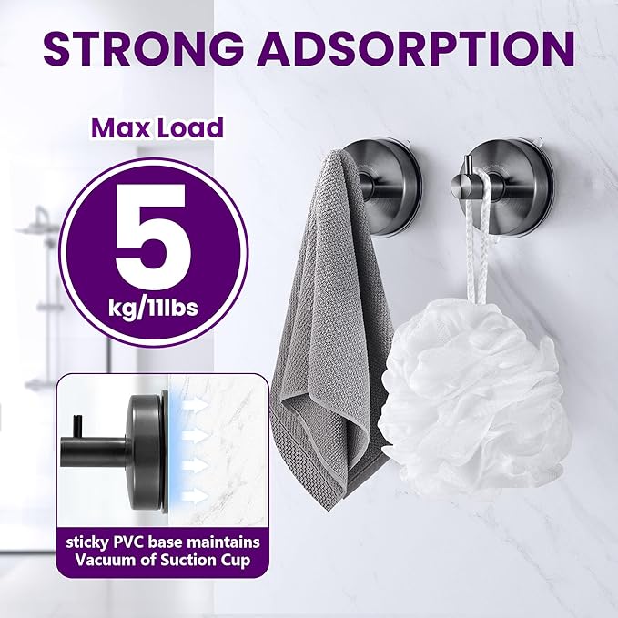 JOMOLA Suction Cup Shower Hooks for Hanging Towel Suction Hook for Inside Shower Stainless Steel Coat Hooks Wall Mounted Kitchen Utensil Stainless Steel, Brushed Black, 4PCS