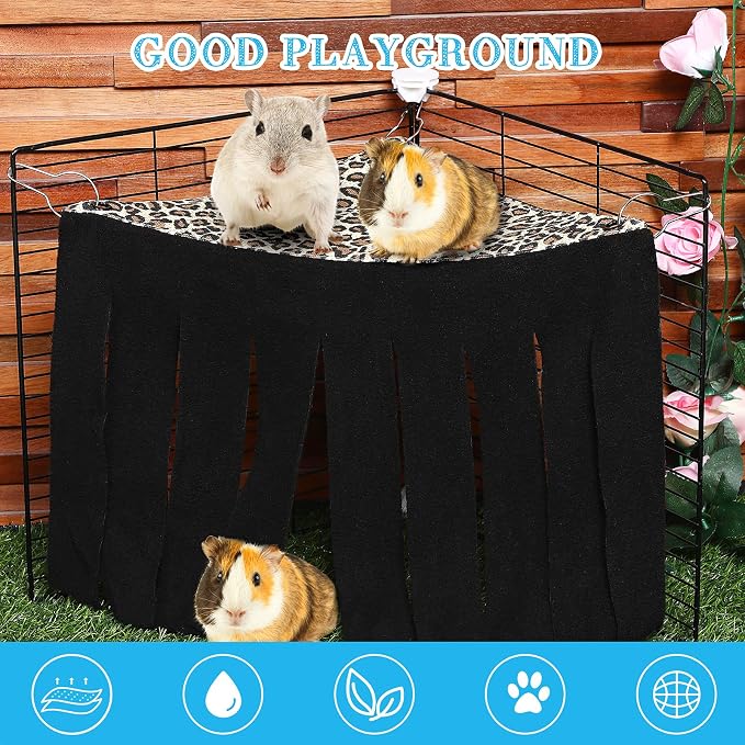Shappy 2 Pcs Guinea Pig Hideout Hideaway Cage Hammock, Leopard | Corner Hideout Hammock, Soft Fleece for Ferrets Chinchillas Hedgehogs, Cozy Hide with Fringe Curtain Design