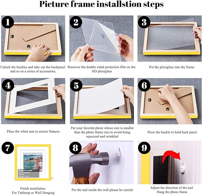 12x12 Wood Picture Frames for Wall Hanging or Tabletop,Diamond Painting Frame Baby Scan Picture Frames with 2 Mats Display 8x8 or 10x10 for Family Walls Decoration,Anniversary,Wedding,Christmas(Yellow)