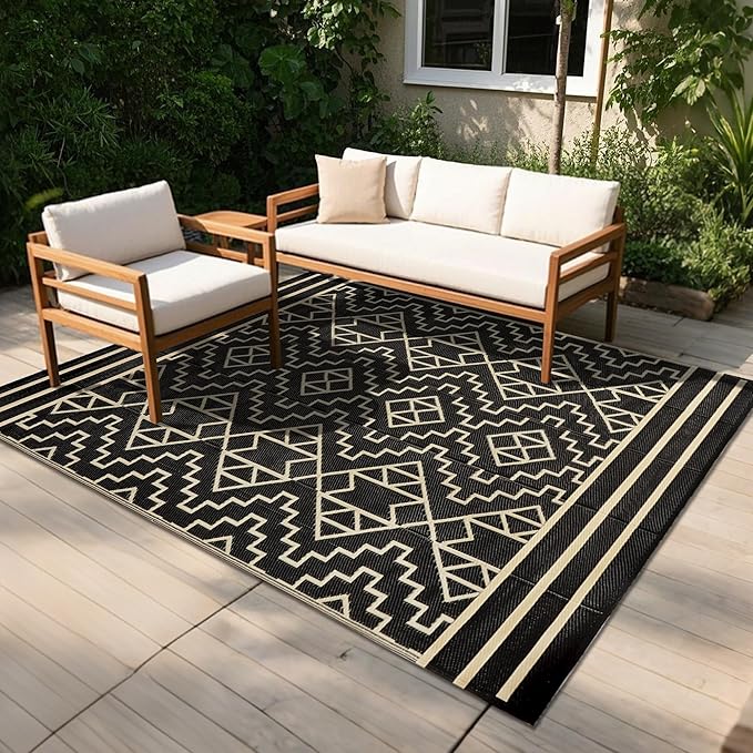 SAND MINE Reversible Mats, Plastic Straw Rug, Modern Area Rug, Large Floor Mat and Rug for Outdoors, RV, Patio, Backyard, Deck, Picnic, Beach, Trailer, Camping (6' x 9', Black & Beige)