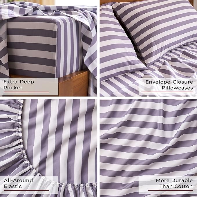 Mellanni California King Sheets Set - 4 PC Iconic Collection Bedding - Hotel Luxury, Soft, Cooling Bed Sheets - Wrinkle, Fade, Stain Resistant (Cal King, Oxford Stripe Hazy Lilac)