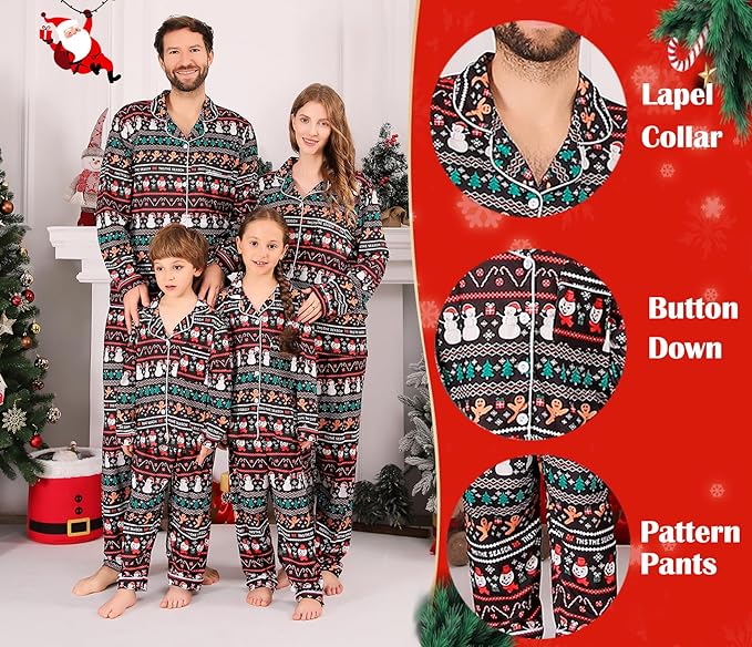 ANGELGGH Family Christmas PJs Matching Sets 2 Pcs Festival Party Pajamas Holiday Warm Sleepwear Couples Button Loungewear