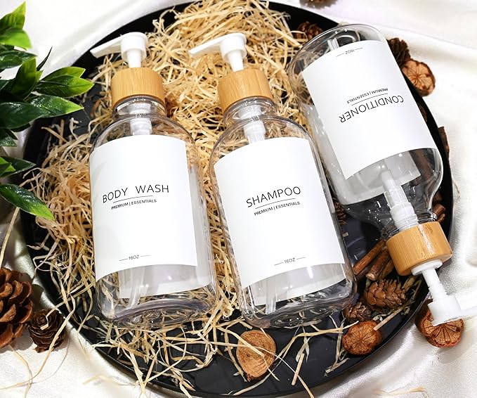 Shower Shampoo and Conditioner Bottles, Apothecary Dispenser Bamboo Pump, Refillable Bottles for Lotion Oil Hand Soap and Dish Soap, Plastic Set (3 Bottles 9 Labels) (3, Clear)