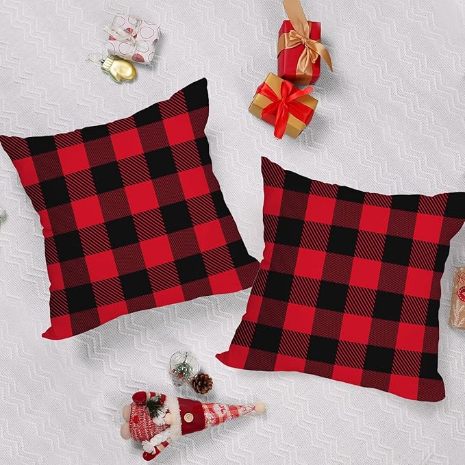 Fukeen 2 Pack Waterproof Outdoor Christmas Pillow Covers 18x18 Inch Red and Black Buffalo Plaids Checked Throw Pillow Cases New Year Winter Farmhouse Decorations Cushion Cover Double Sided