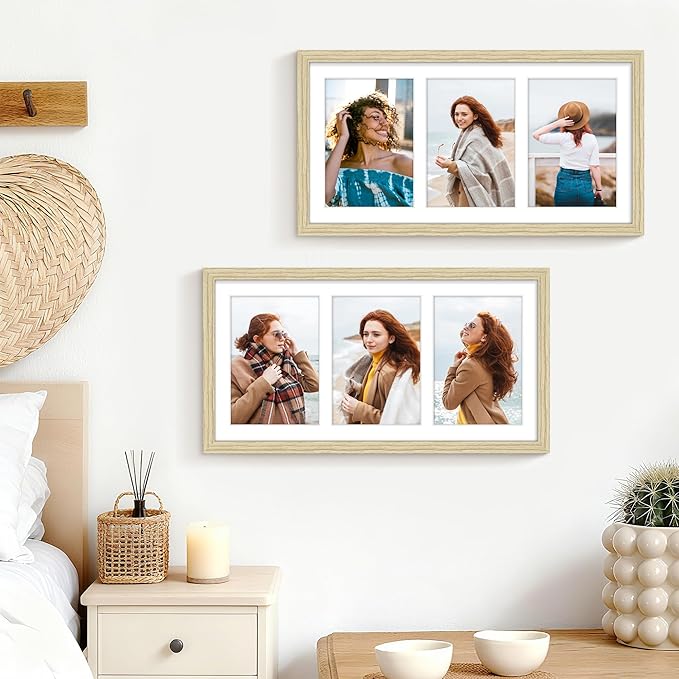 8x16 Collage Picture Frame 5x7 Collage Picture Frame Displays Three 5x7 inch Photos or 8x16 (Without Mat) for Available Horizontal Wall Mounting Display and Vertical Wood Color