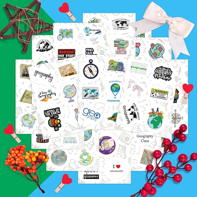 100Pcs Geography Stickers for Water Bottle and Laptop - Geography Party Supplies & Decorations, Waterproof Vinyl Decals, Maps and Landmarks Stickers, Gifts for Women & Men