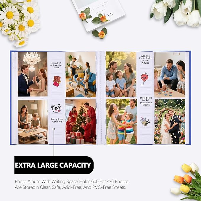 Photo Album 4x6 600 Photos with Writing Space Linen Cover with Front Window Picture Album, 600 Photos 4x6 Photo Album Book for Wedding Kids Travel Family Baby Pictures (Blue)