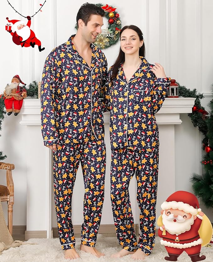 ANGELGGH Family Christmas PJs Matching Sets 2 Pcs Festival Party Pajamas Holiday Warm Sleepwear Couples Button Loungewear
