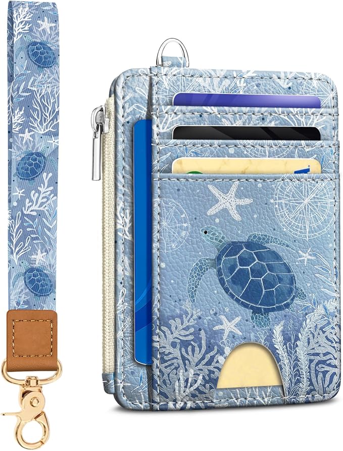 Kelvoris Credit Card Holder Small Wallet Women, Slim RFID, Turtle | Keychain, Zipper Coin Pocket, Front Pocket Thin Travel Card Case, Minimalist, 6 Card Slots, 1 ID Window, Ladies Gifts Woman