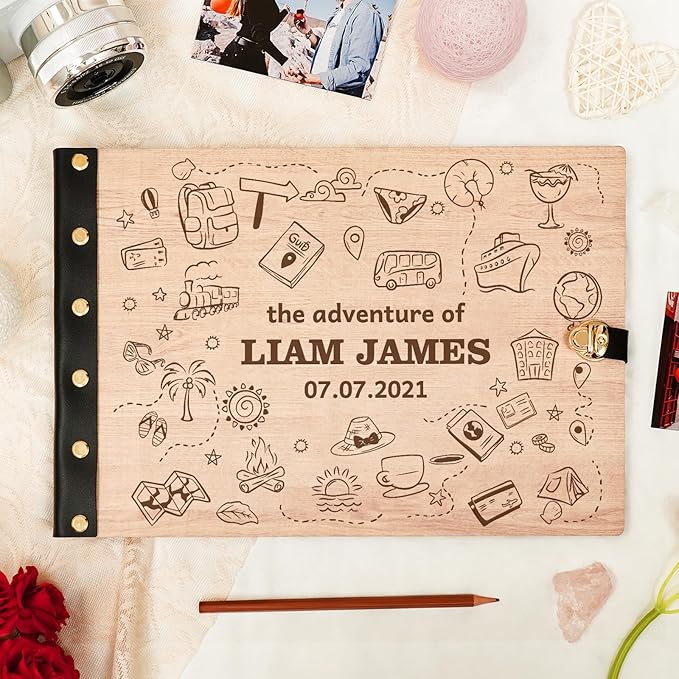 Personalized Adventure Photo Album,Wooden Memory Books for Keepsakes, Custom Travel Scrapbook Craft Kit, DIY Adventure Book for Couples, Travel Memories, Adventure Lovers