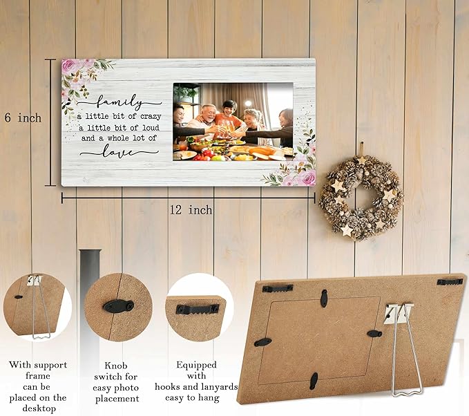 SRADMO Family Picture Frame - Where Life Begins and Love Never Ends - 12x6 Inch Wooden Tabletop Photo Frame for Couples