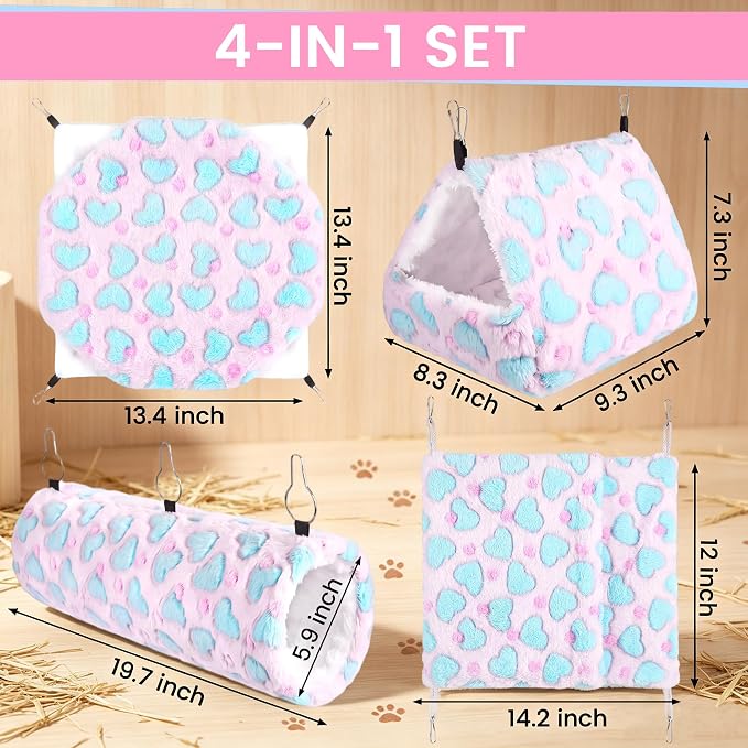 MCEAST 4 Pieces Small Pets Cage Accessories Hanging Hammock Sleeping Bag Tunnel and Bed Hideout Set Warm Sleep Nap Sack Bed for Hamster Ferret Squirrel Rabbit, Pink Hearts
