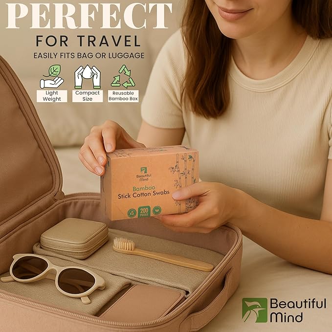 Bamboo Cotton Swabs 200 Pack - Natural Swabs for Ears, Makeup & Cleaning - Carbonized Bamboo Sticks with Soft Buds - Travel Size Q Gentle Tips - Precision Ear Cleaner Swabs