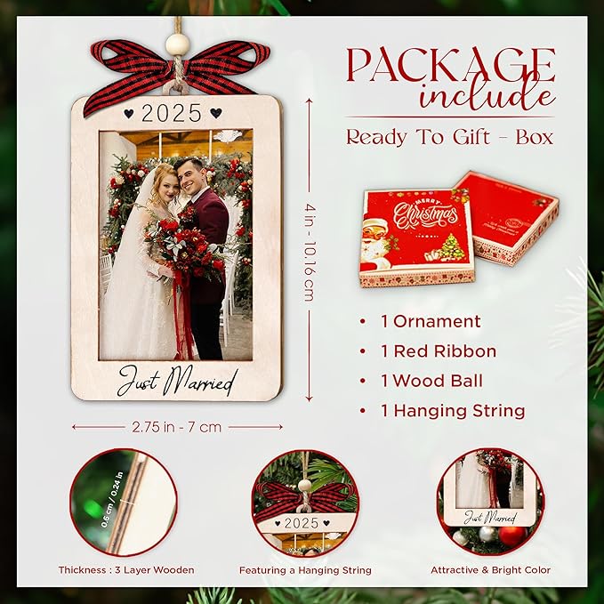Just Married Picture Frame Ornament 2025 - Wedding Gifts for Newlyweds - Just Married Ornaments 2025 - First Christmas Married Ornament 2025 - Newlyweds Gifts For Couples - Mr And Mrs Wedding Gift