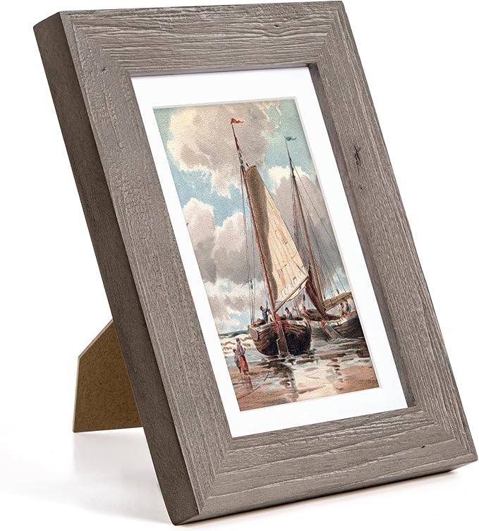 Fun Memories 5x7 Picture Frame with Mat for 4x6 Photo, Solid Elm Wood & Tempered Glass, Rustic Wall & Tabletop Display Frame, Grey, 1 Pack