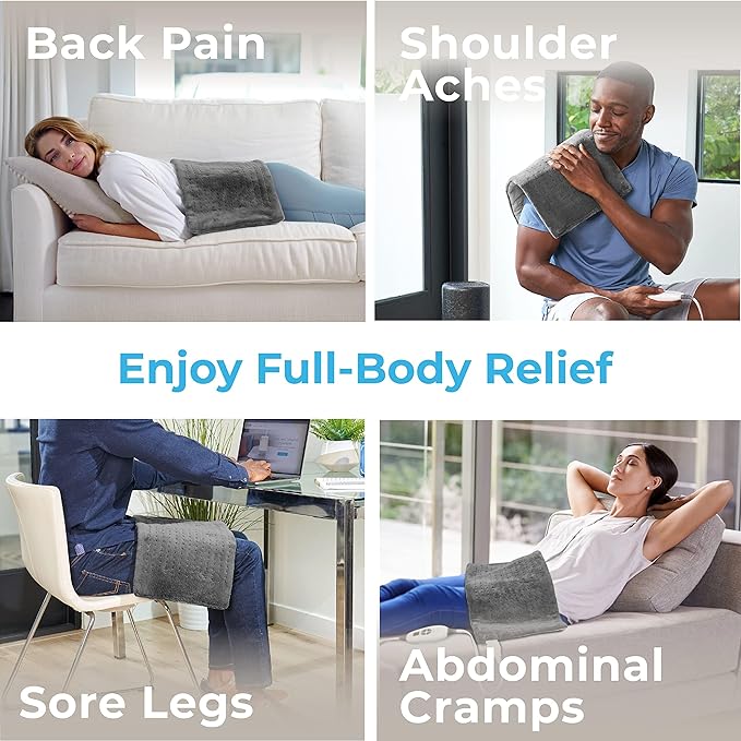 Pure Enrichment® PureRelief® XL Heating Pad - 12" x 24" Electric Heating Pad for Back Pain & Cramps, 6 Heat Settings, Soft Machine Wash Fabric, Auto-Off & Moist Heat (Charcoal Gray)
