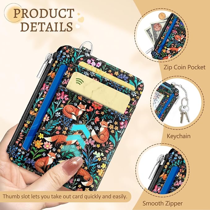 Kelvoris Credit Card Holder Small Wallet Women, Slim RFID, Fox Flowers | Keychain, Zipper Coin Pocket, Front Pocket Thin Travel Card Case, Minimalist, 6 Card Slots, 1 ID Window, Ladies Gifts Woman