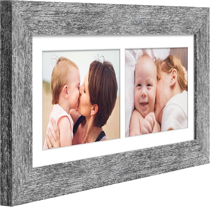 6x15 Picture Frame Display 2 opening 5X7 Double Picture Frame Collage,Multi Photo Frame with Mat,Plexiglass,Horizontal and Vertical Formats for Wall Decor,Grey Wood Grain