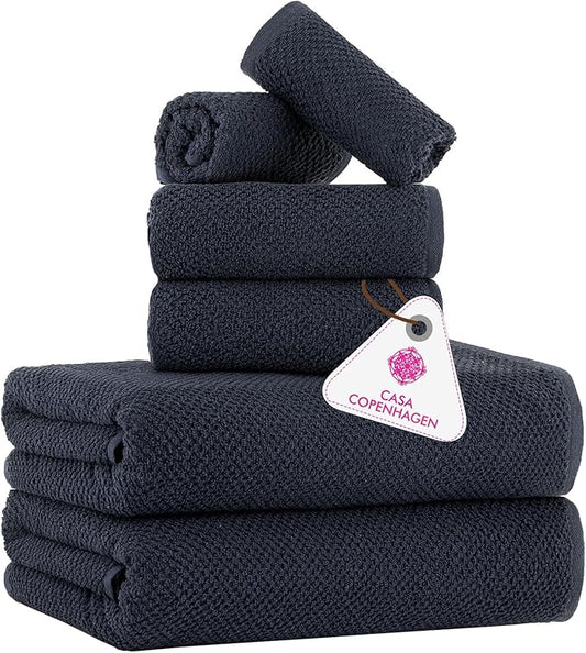 CASA COPENHAGEN Popcorn Textured 6 Pieces Towel Set- Navy Blue, 550 GSM 2 Bath Towel 2 Hand Towel 2 Washcloth, Rough & Tough Use Cotton Towels Gift Set for Bathroom