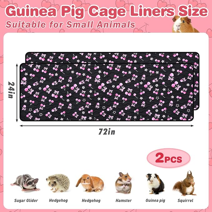2 Pack Waterproof Guinea Pig Cage Liner, 24" x 72" Washable Reusable Guinea Pig Liner, Super Absorbent Leak-Proof Pet Pee Pad Mats for Guinea Pigs Rabbit Chinchilla Bunny Hamster
