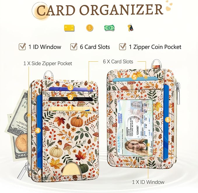 Kelvoris Credit Card Holder Small Wallet Women, Slim RFID, Fall Leaf | Keychain, Zipper Coin Pocket, Front Pocket Thin Travel Card Case, Minimalist, 6 Card Slots, 1 ID Window, Ladies Gifts Woman