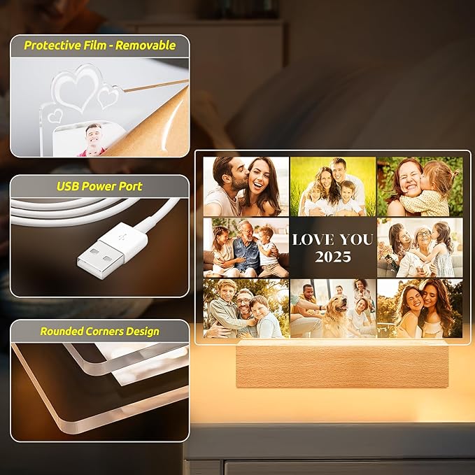 Custom Picture Frames with Photo, Personalized Photo Frame with Night Light, Customized Picture Frame, Personalized Christmas Birthday Gifts for Women Men Mom Dad Grandma Grandpa Kids Family Friend